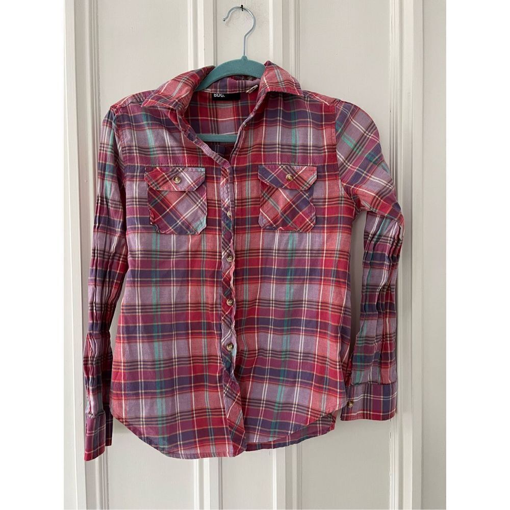 Urban Outfitters BDG lightweight red purple turquoise and white plaid button dow